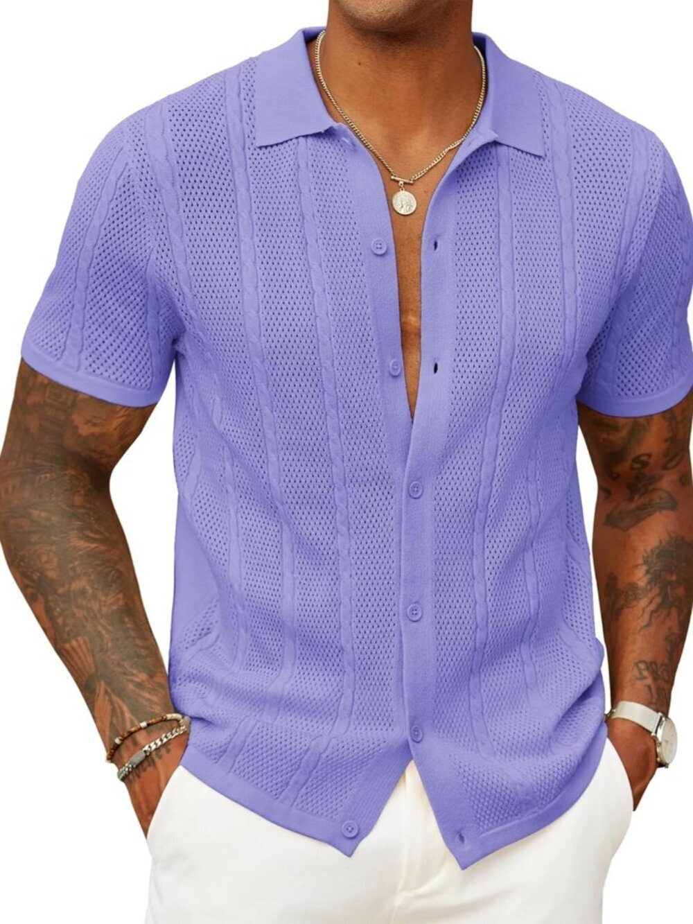Men’s Light Purple Knit Button-Down Polo Summer Beach Casual Top Shirt